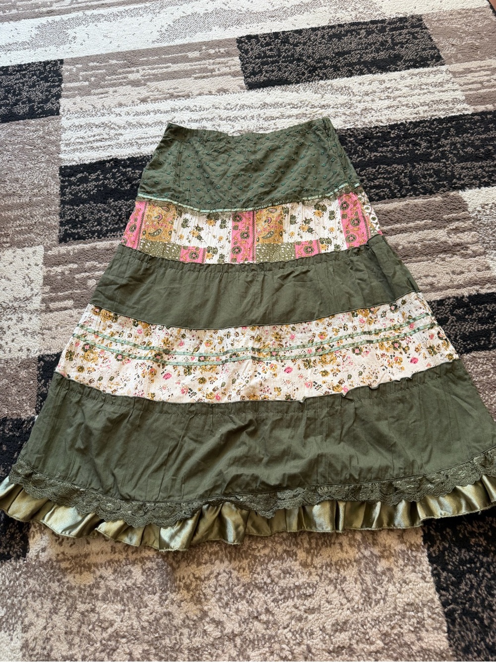 Women’s Whimsy Boho Olive & Pink Floral Lace Patchwork Maxi Skirt